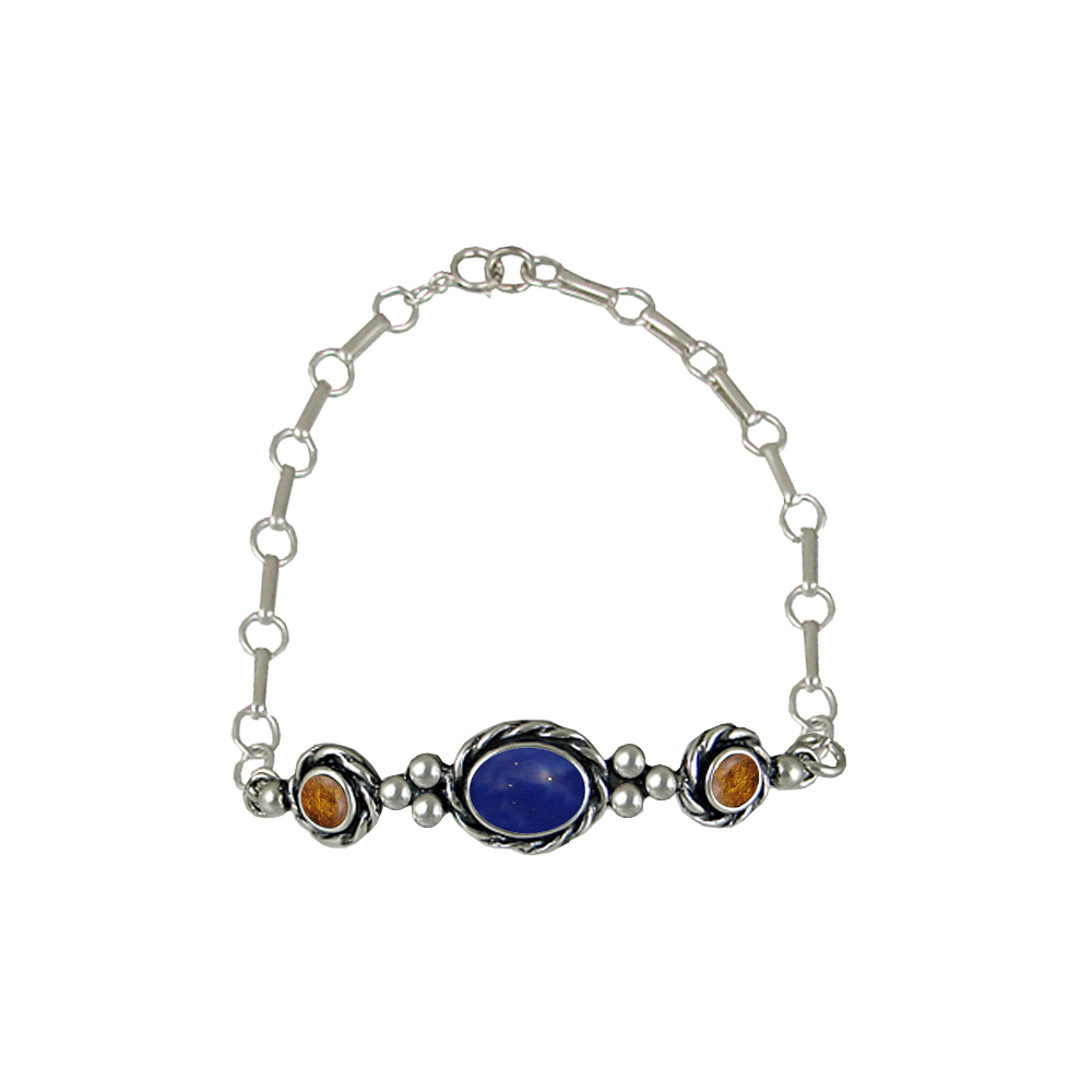 Sterling Silver Gemstone Adjustable Chain Bracelet With Lapis Lazuli And Amber